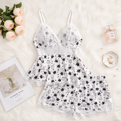 Women's Plain Lace Patchwork Bow Decor Cami Pajama Set