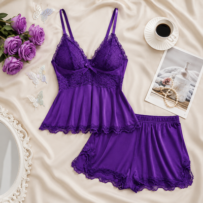 Women's Plain Lace Patchwork Bow Decor Cami Pajama Set