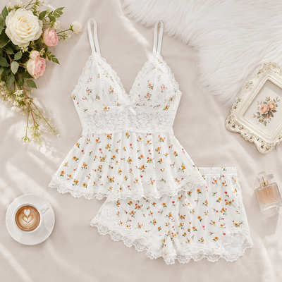 Women's Plain Lace Patchwork Bow Decor Cami Pajama Set