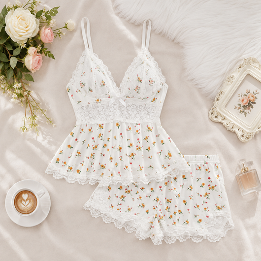 Women's Plain Lace Patchwork Bow Decor Cami Pajama Set