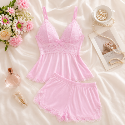 Women's Plain Lace Patchwork Bow Decor Cami Pajama Set
