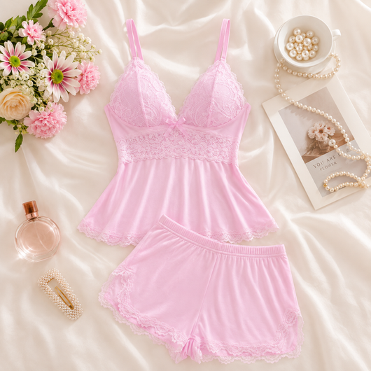 Women's Plain Lace Patchwork Bow Decor Cami Pajama Set