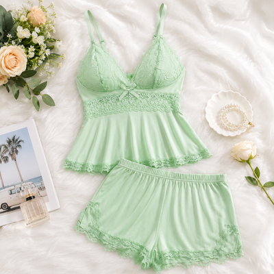 Women's Plain Lace Patchwork Bow Decor Cami Pajama Set