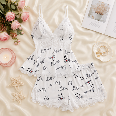 Women's Plain Lace Patchwork Bow Decor Cami Pajama Set