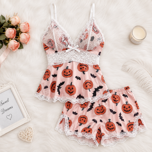 Women's Plain Lace Patchwork Bow Decor Cami Pajama Set